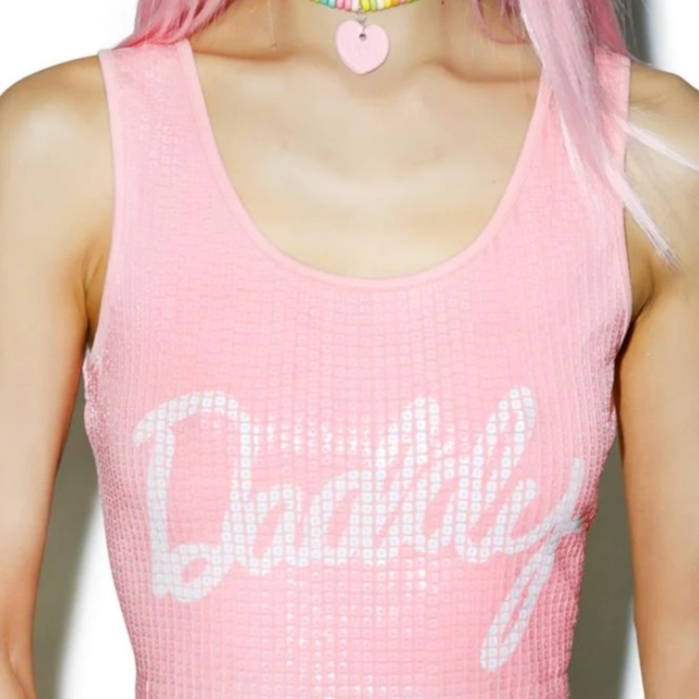 Pink Sleeveless Top with White Text